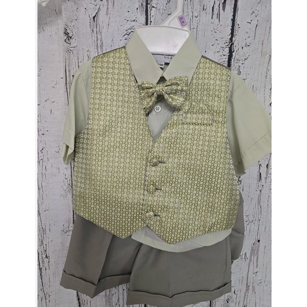 NWT Shannon Kids Boys 24M 5 Pc Suit Set Sage Green Vest Shirt Shorts Hat Tie